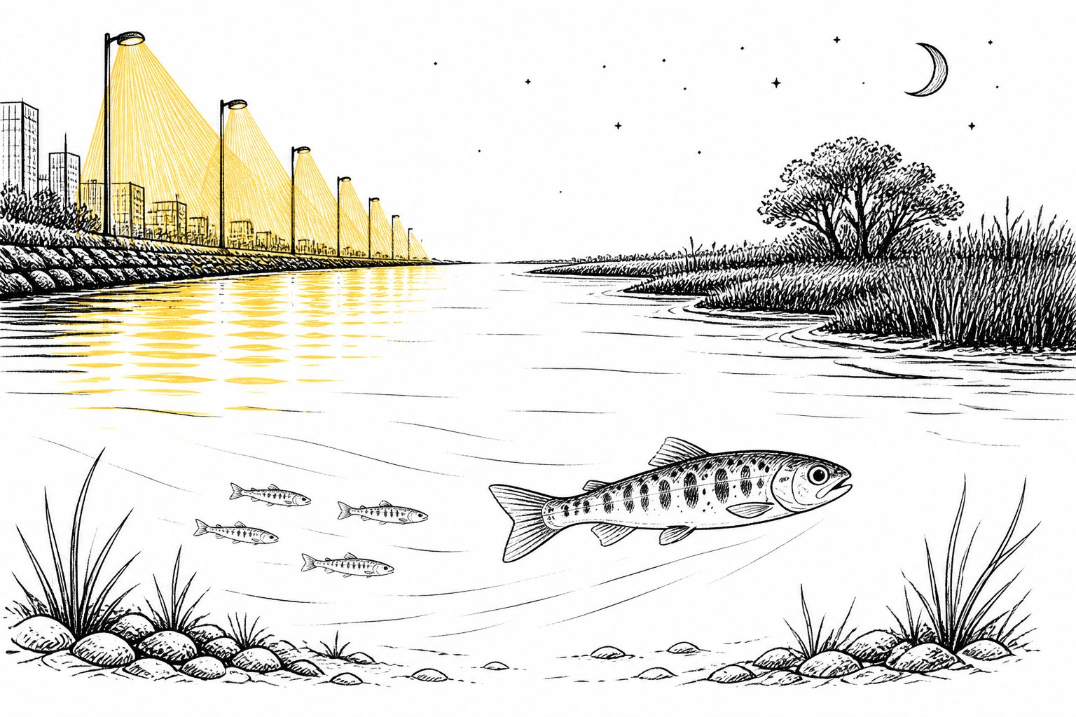 Abstract editorial illustration accompanying the article: Dimming night lights could help more young salmon cross California's delta