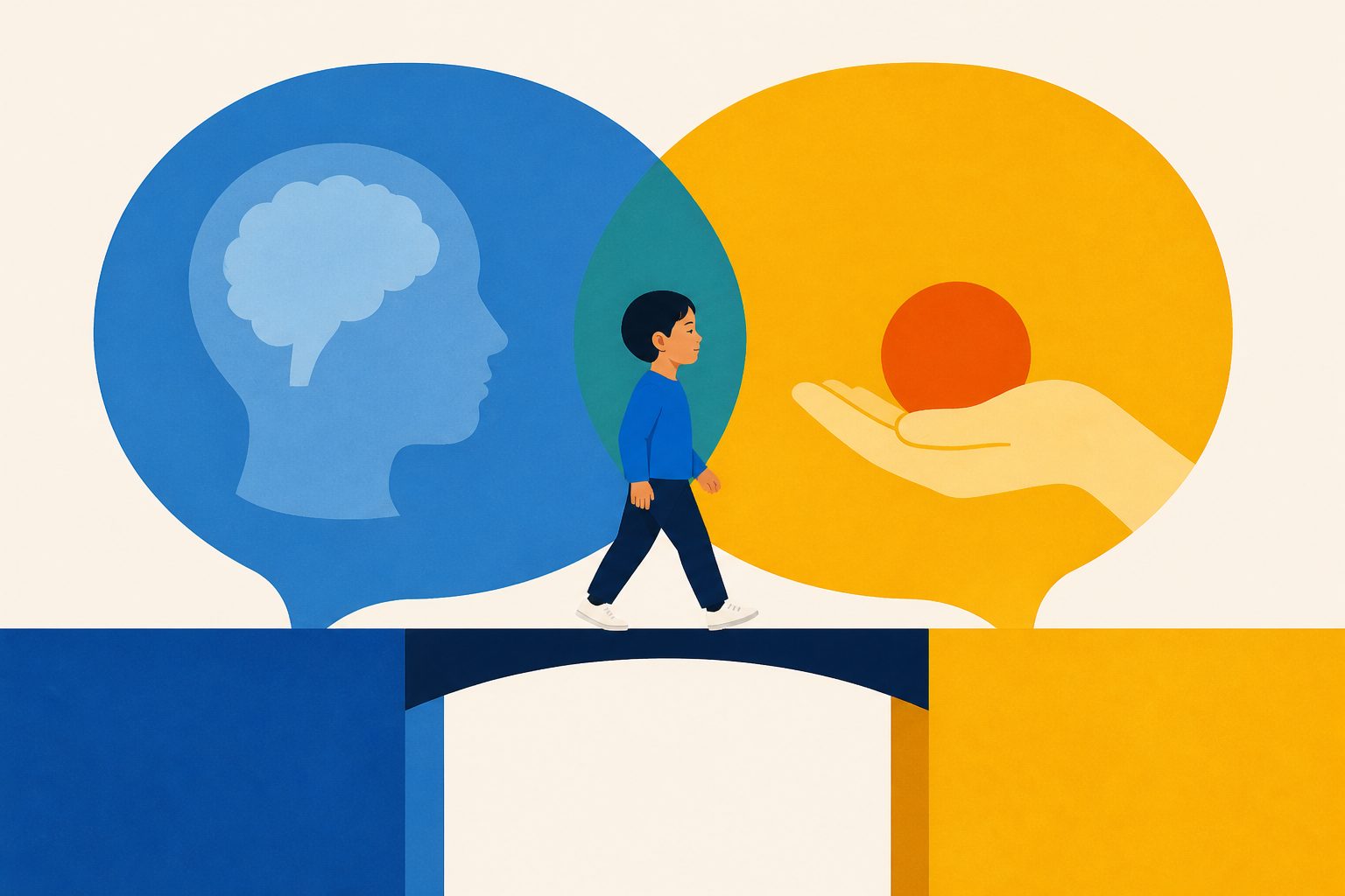 Abstract editorial illustration accompanying the article: In bilingual autistic children, more English was not linked to poorer memory or self-control