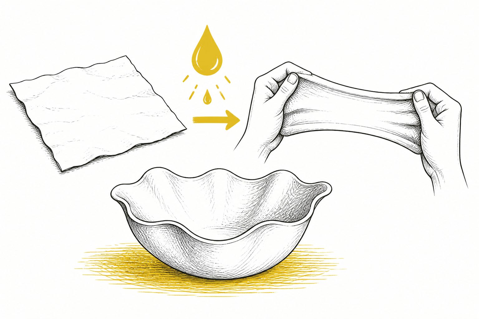 Abstract editorial illustration accompanying the article: Treated paper becomes more stretchable and can be shaped with moisture