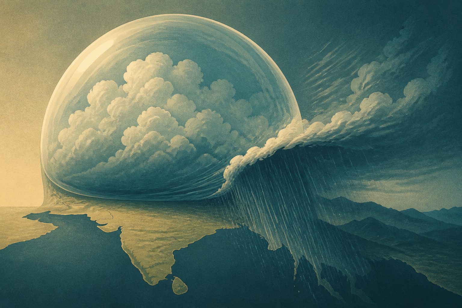 Abstract editorial illustration accompanying the article: Moisture buildup may help trigger South Asian monsoon’s sudden start