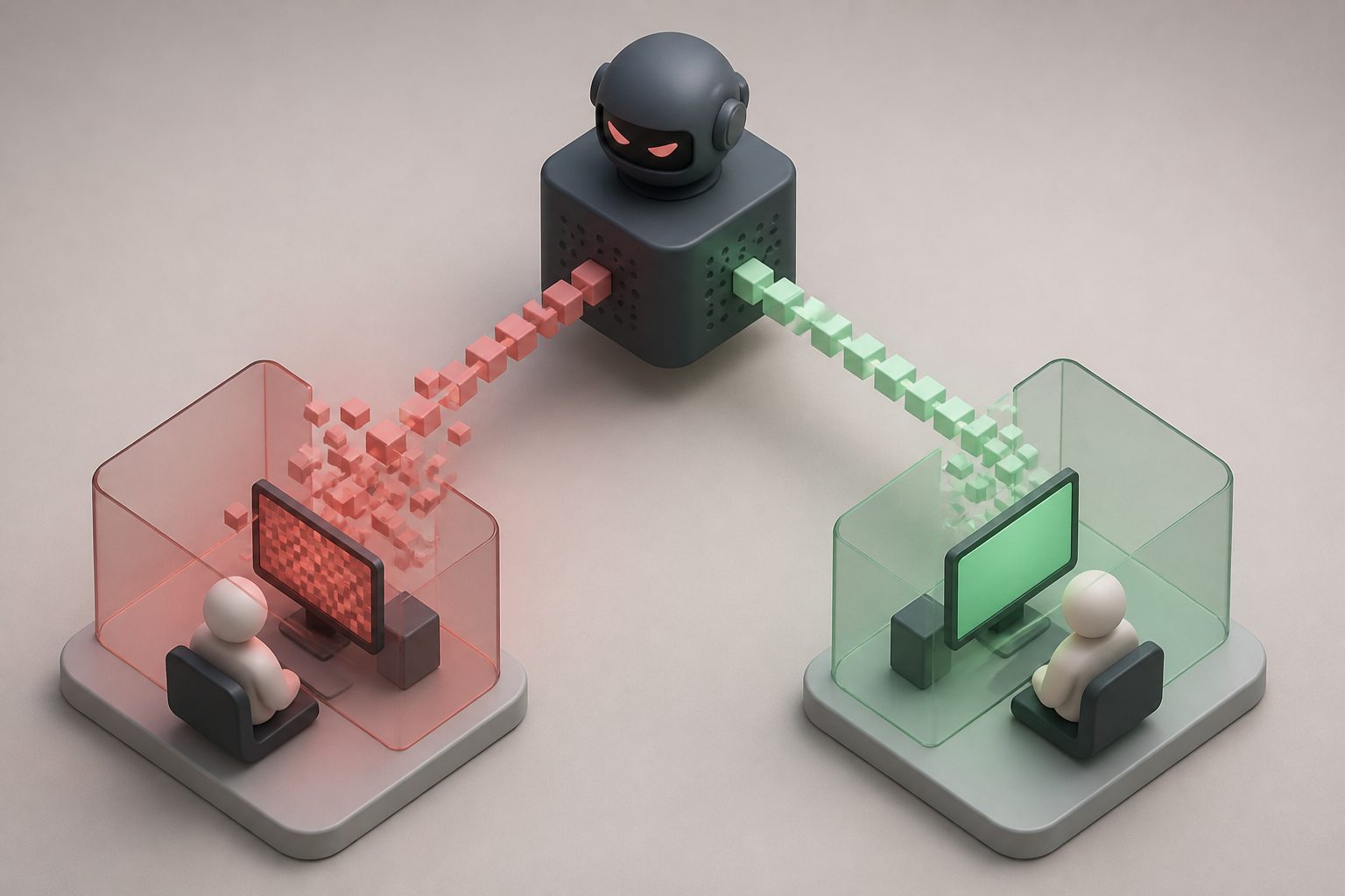 Abstract editorial illustration accompanying the article: An AI attack can fool one client's system while sparing another