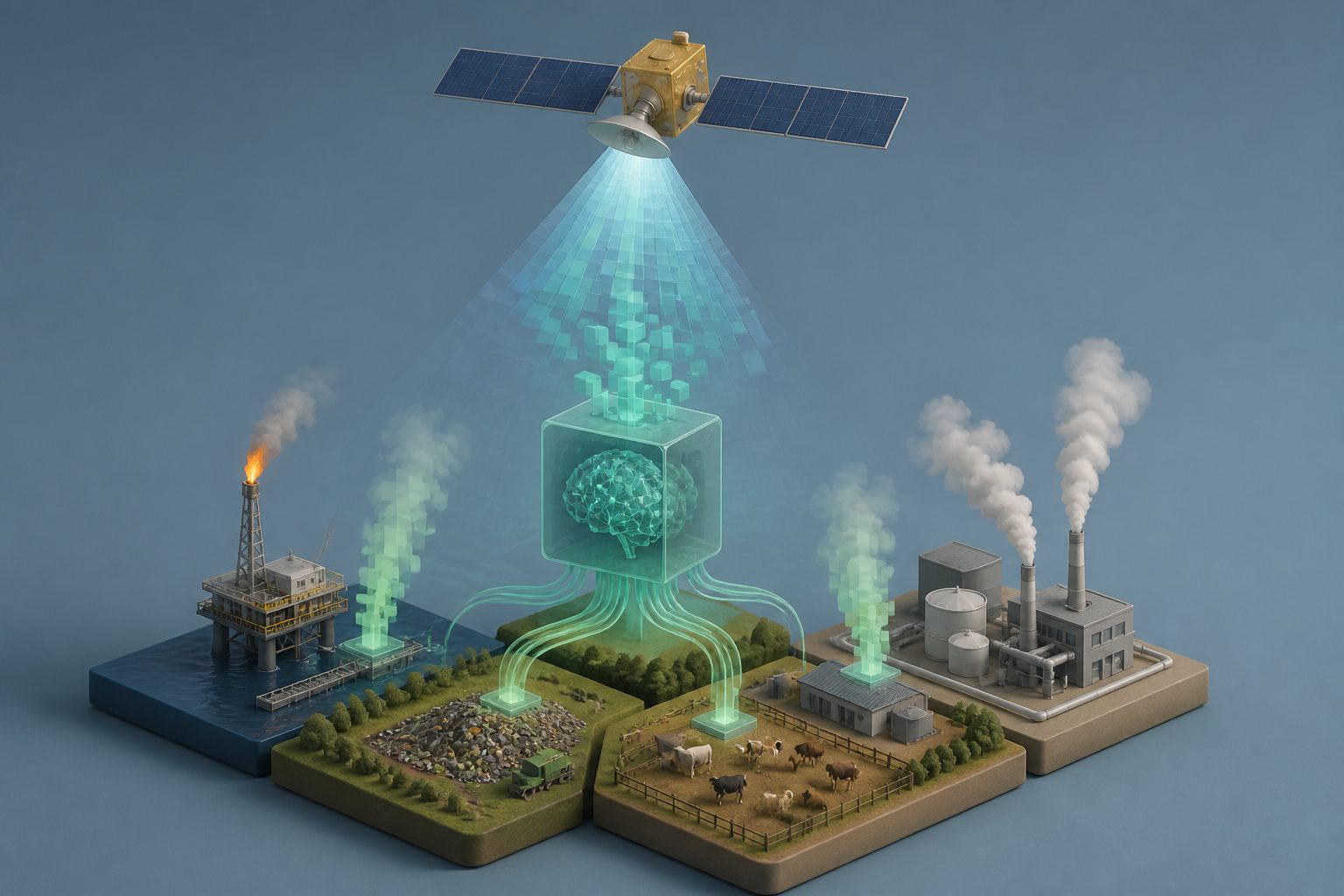 Abstract editorial illustration accompanying the article: AI improves satellite estimates of methane from the world’s biggest sources