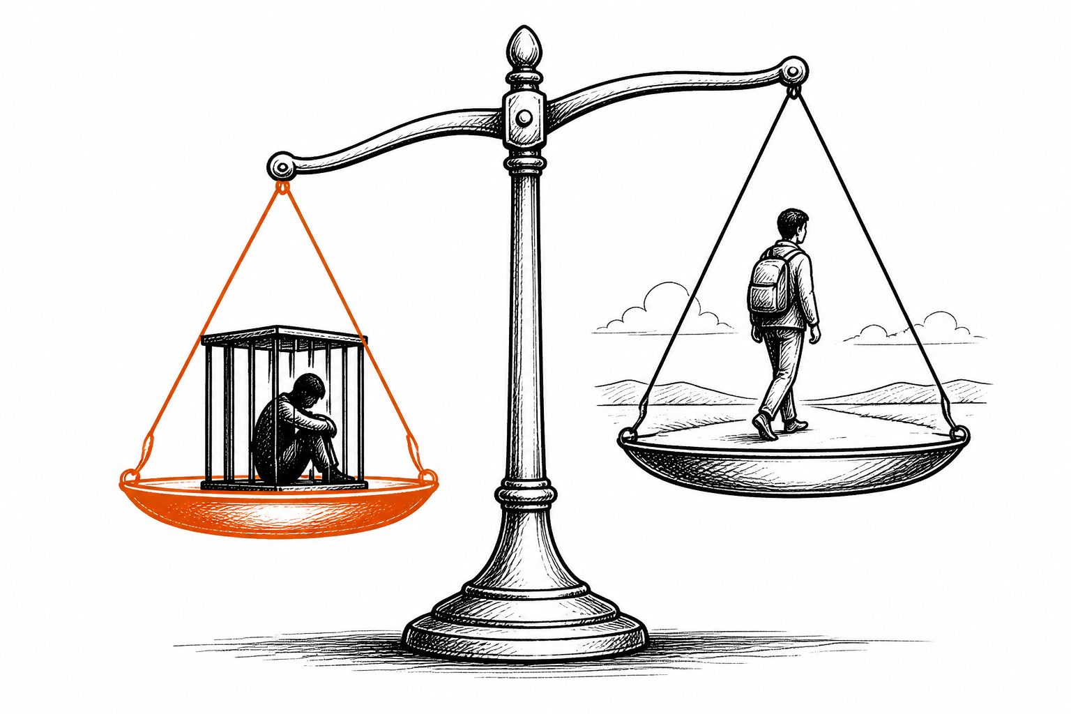 Abstract editorial illustration accompanying the article: Uncertain evidence changed views on imprisoning immigrants, not deporting them