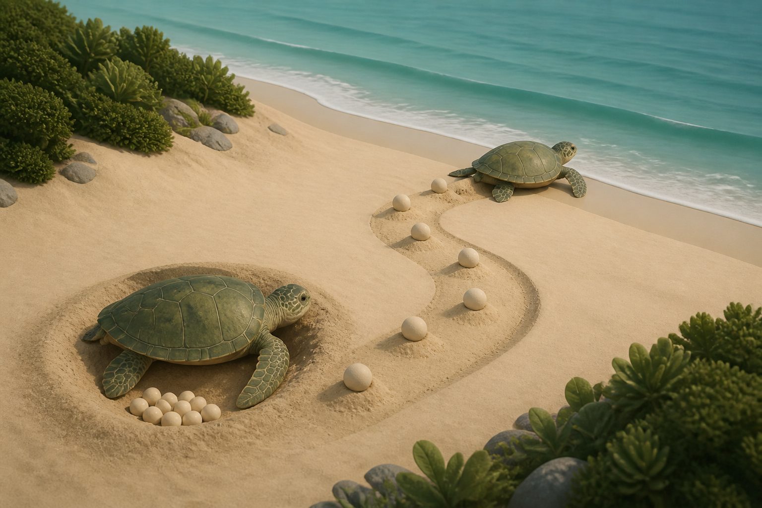 Abstract editorial illustration accompanying the article: After recovery, more green turtles are taking longer to breed again