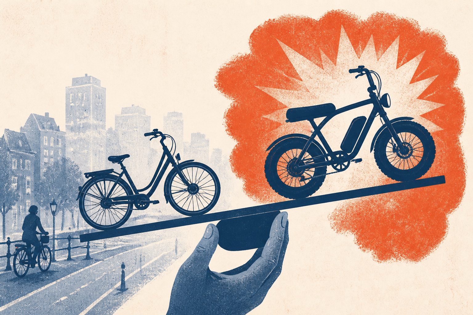 Abstract editorial illustration accompanying the article: Dutch road users see fatbikes as riskier than regular e-bikes
