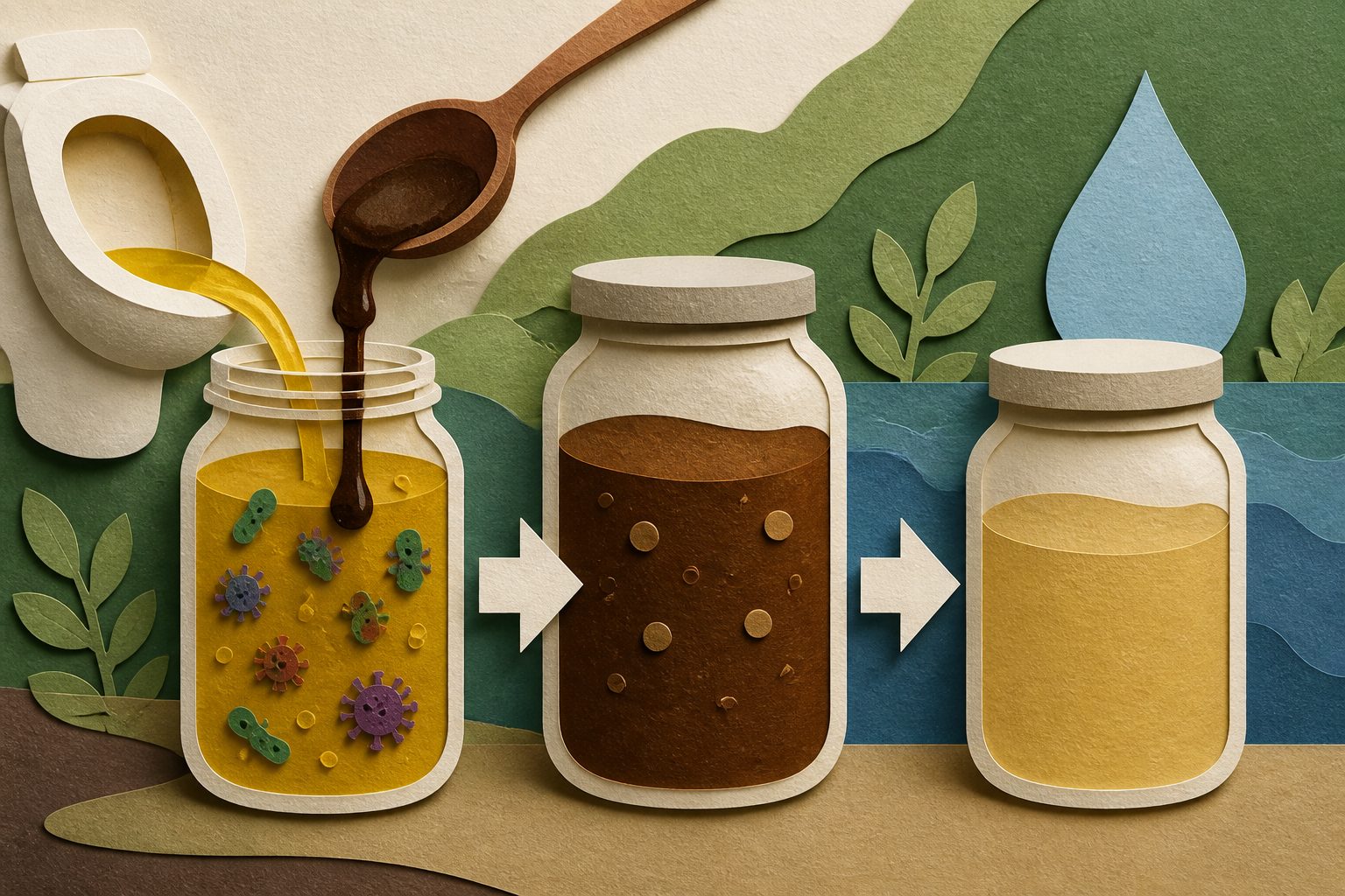 Abstract editorial illustration accompanying the article: Fermenting urine with molasses cuts ammonia and pathogens, study finds