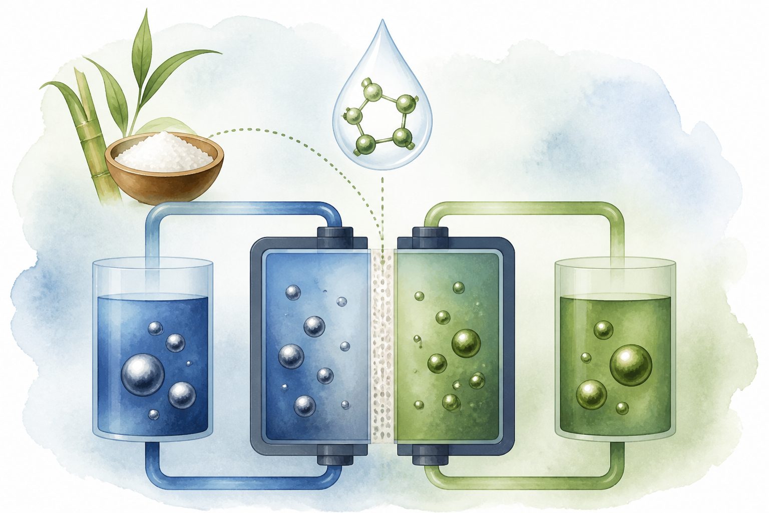 Abstract editorial illustration accompanying the article: A sugar-derived additive helps zinc–iron flow batteries run for over 500 cycles