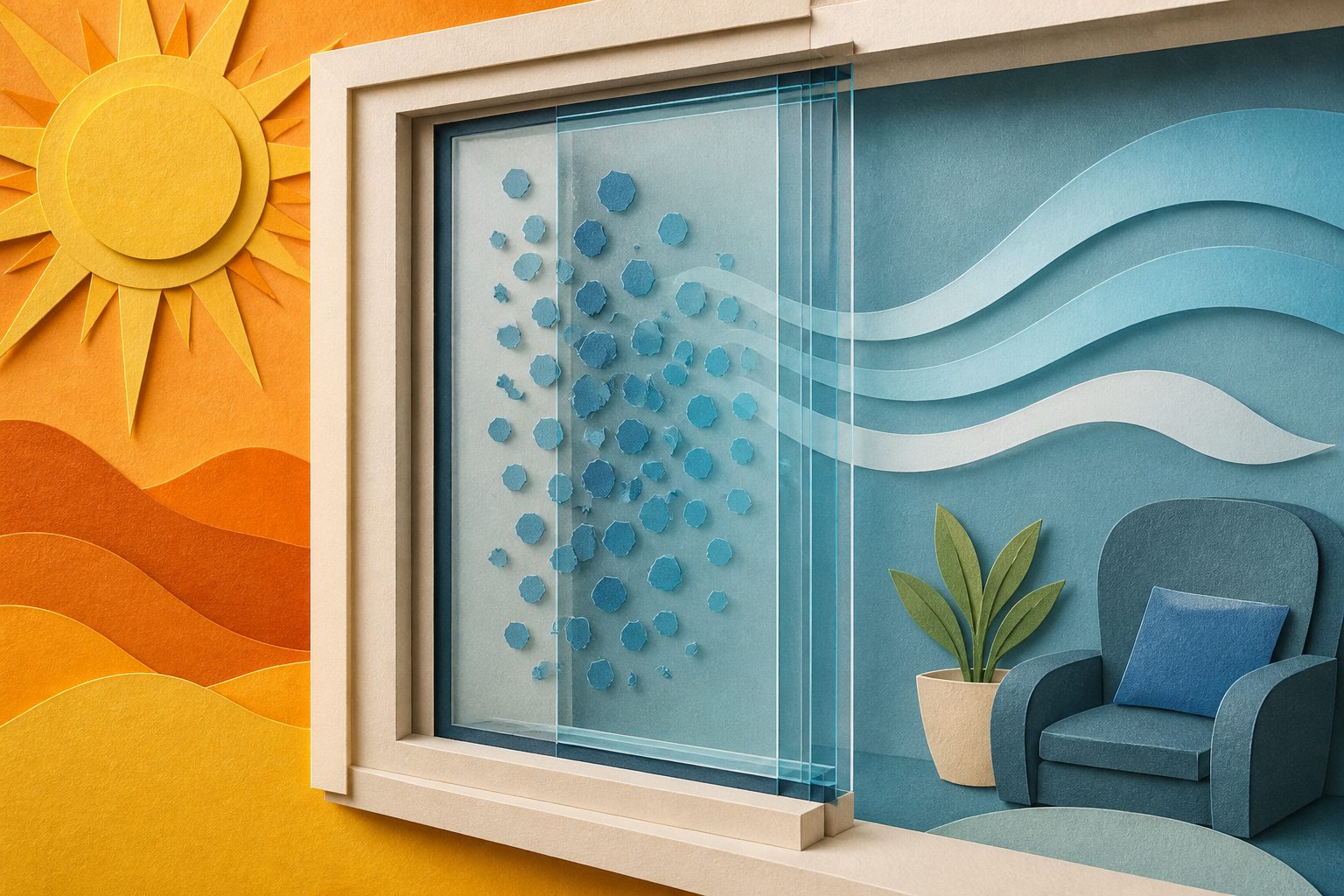 Abstract editorial illustration accompanying the article: Smart windows lowered indoor temperatures by 9.5°C and stayed stable for 10,000 cycles