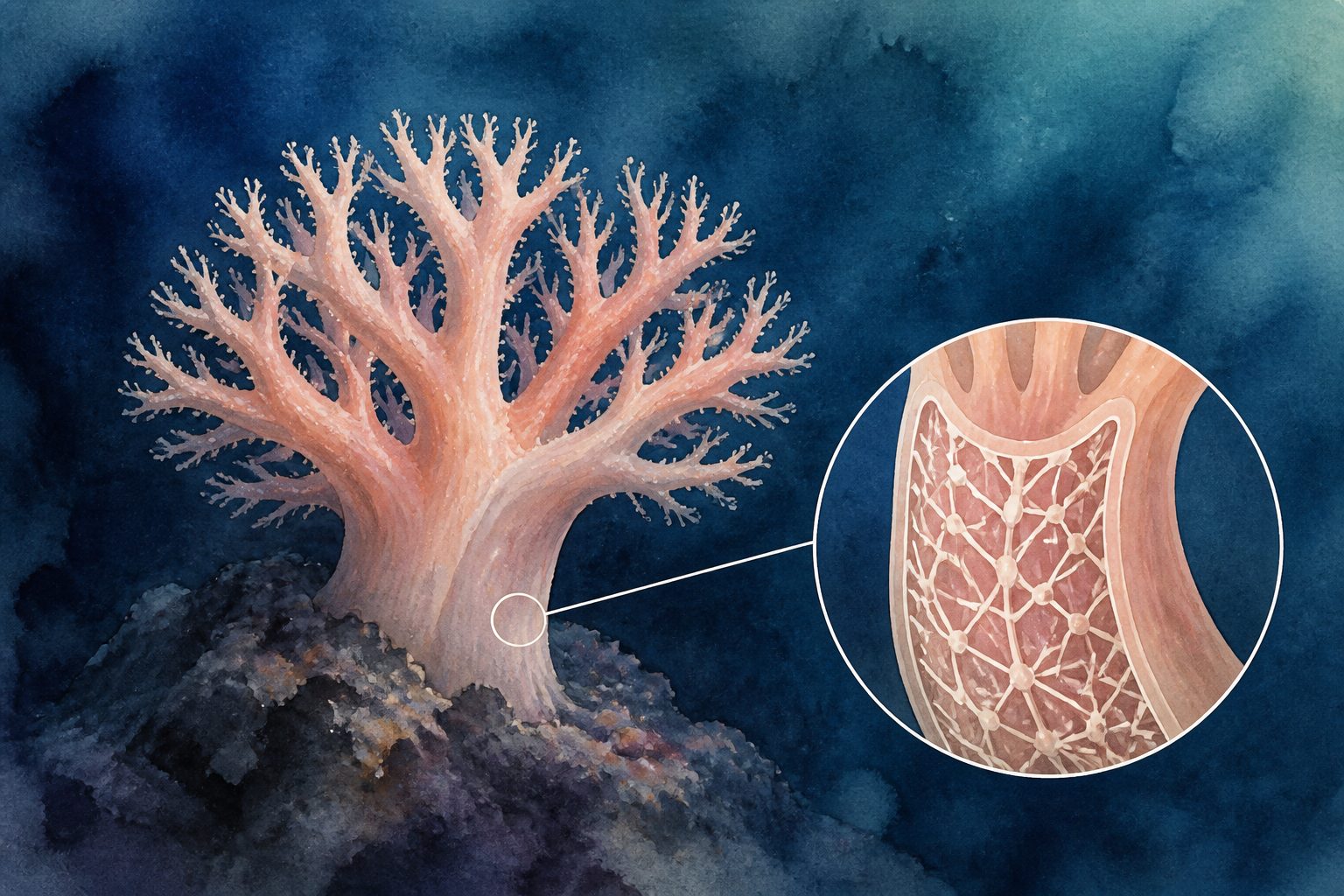 Abstract editorial illustration accompanying the article: A new deep-sea coral uses chitin as an inner support network