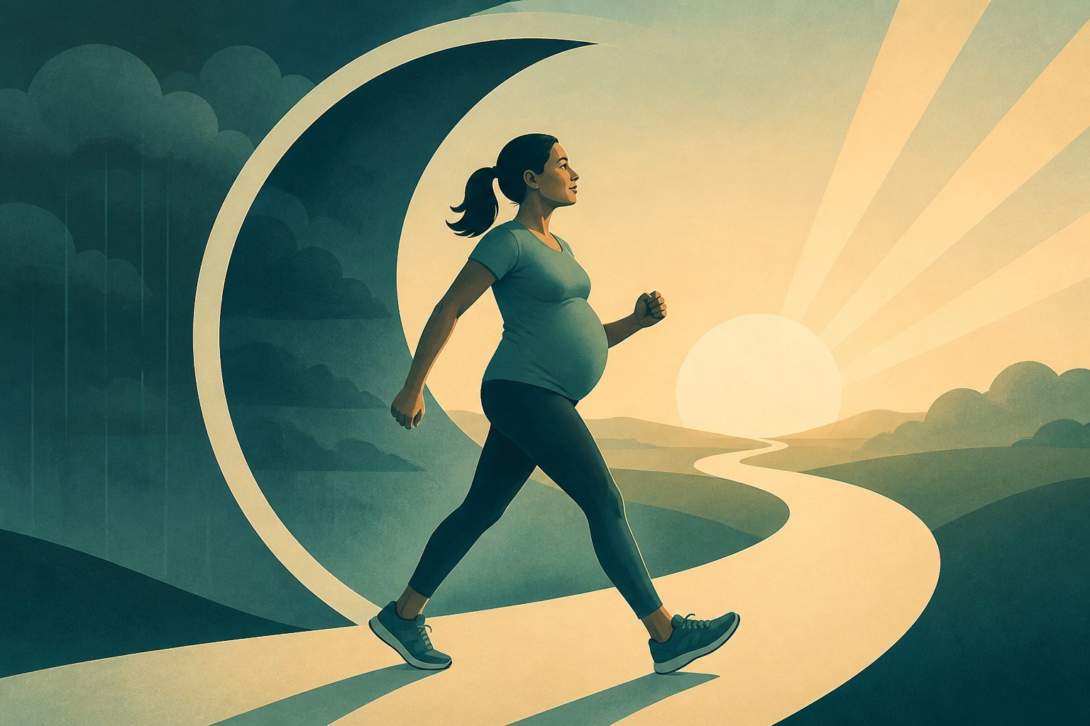 Abstract editorial illustration accompanying the article: Review finds physical activity linked with fewer depressive symptoms around pregnancy