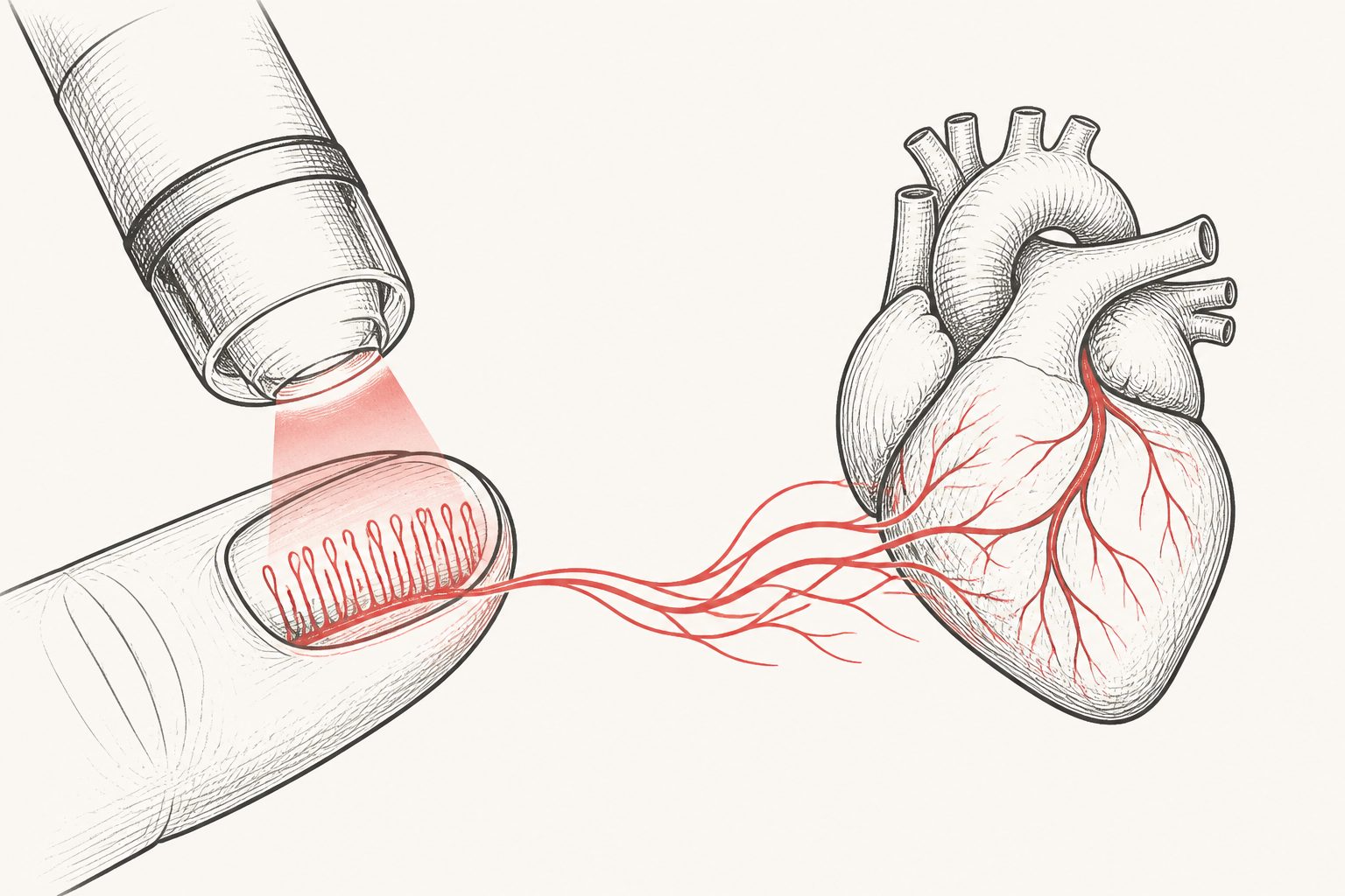 Abstract editorial illustration accompanying the article: Nailfold blood-vessel patterns linked to heart function in healthy people in their 80s