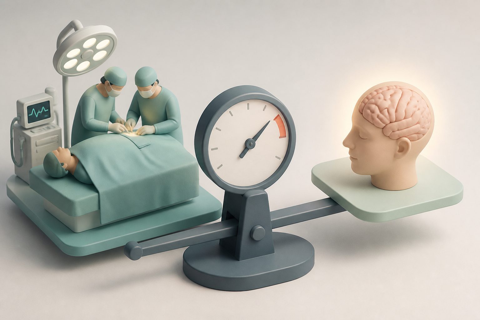 Abstract editorial illustration accompanying the article: Review finds higher blood pressure targets may lower delirium after surgery