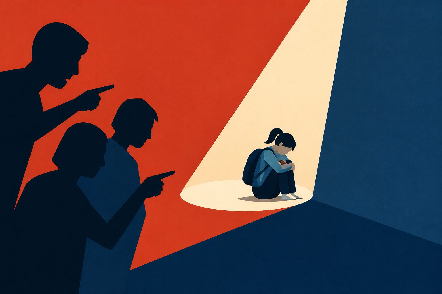 Abstract editorial illustration accompanying the article: Depressive symptoms and unusual experiences linked bullying to self-injury in Chinese students