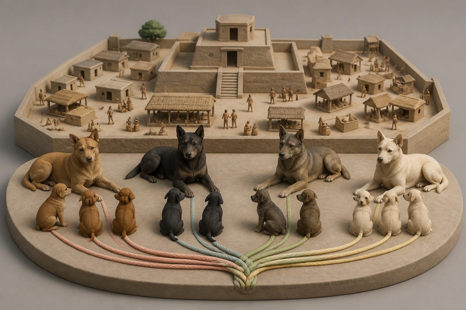 Abstract editorial illustration accompanying the article: Erlitou dogs carried diverse maternal lines during early China’s state formation