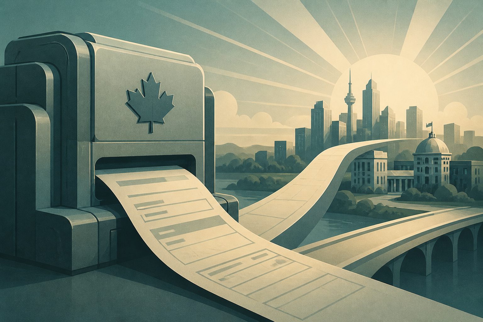 Abstract editorial illustration accompanying the article: Prefilled Canadian sales-tax returns could yield CAD 13.6 billion in gains