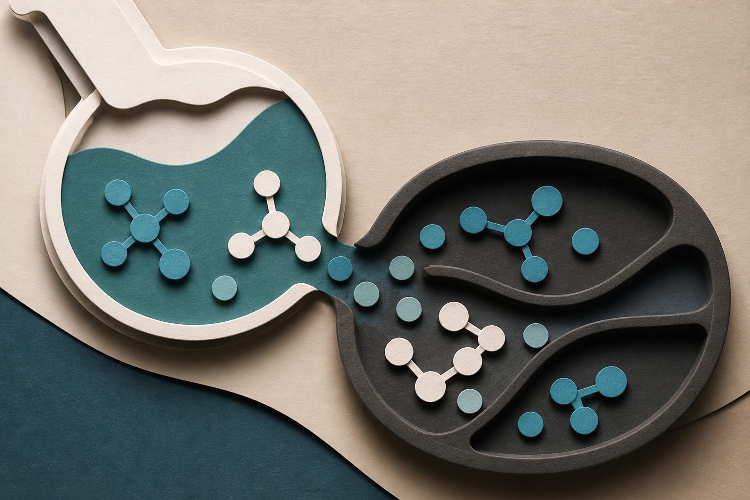 Abstract editorial illustration accompanying the article: A drug’s acid breakdown reveals which possible changes actually happen