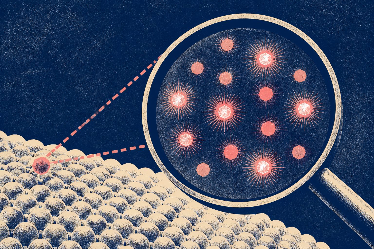 Abstract editorial illustration accompanying the article: Blinking nanocrystals help pinpoint particles to 1.2 nanometers