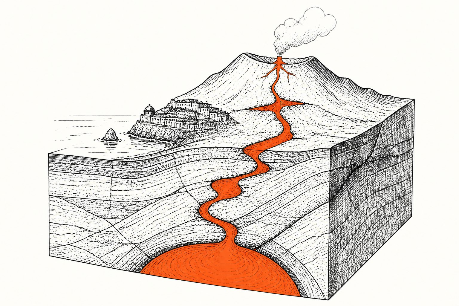 Abstract editorial illustration accompanying the article: At Ischia, magma’s journey may matter more than its storage for eruption style