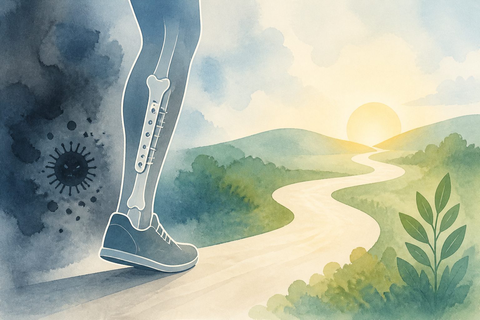 Abstract editorial illustration accompanying the article: Review examines long-term quality of life after fracture-related infection
