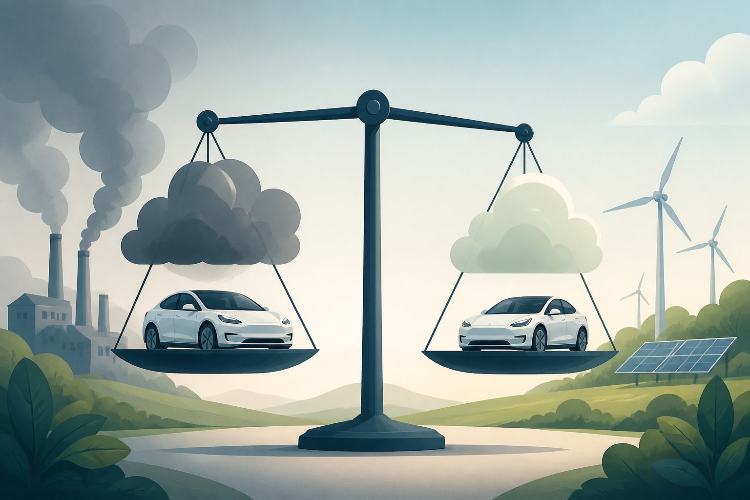 Abstract editorial illustration accompanying the article: Different rules can change the carbon footprint reported for electric cars