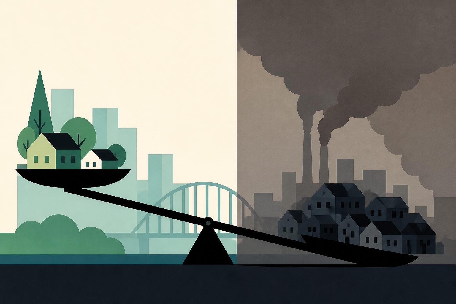 Abstract editorial illustration accompanying the article: Portland’s most disadvantaged neighborhoods faced the heaviest health and pollution burdens