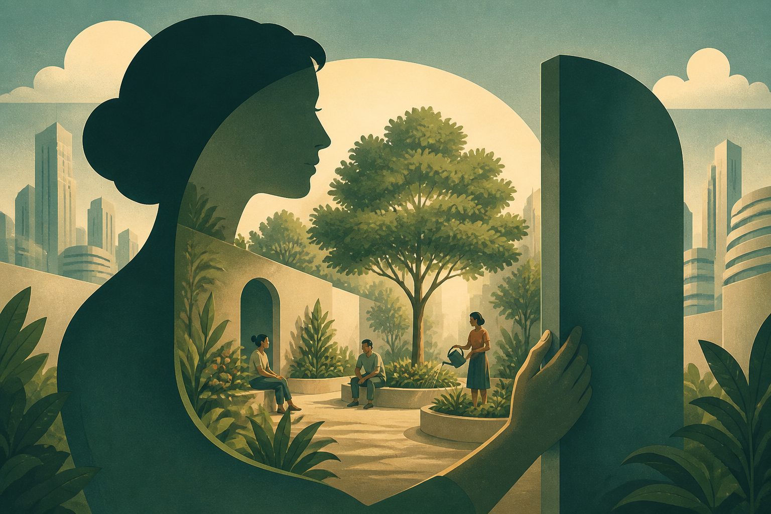 Abstract editorial illustration accompanying the article: Nearby courtyards and gardens were linked to belonging and agency