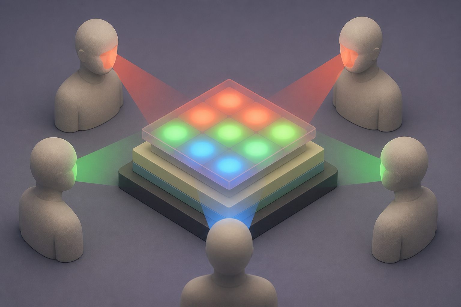 Abstract editorial illustration accompanying the article: A new organic display light keeps colors narrow and stable at different angles