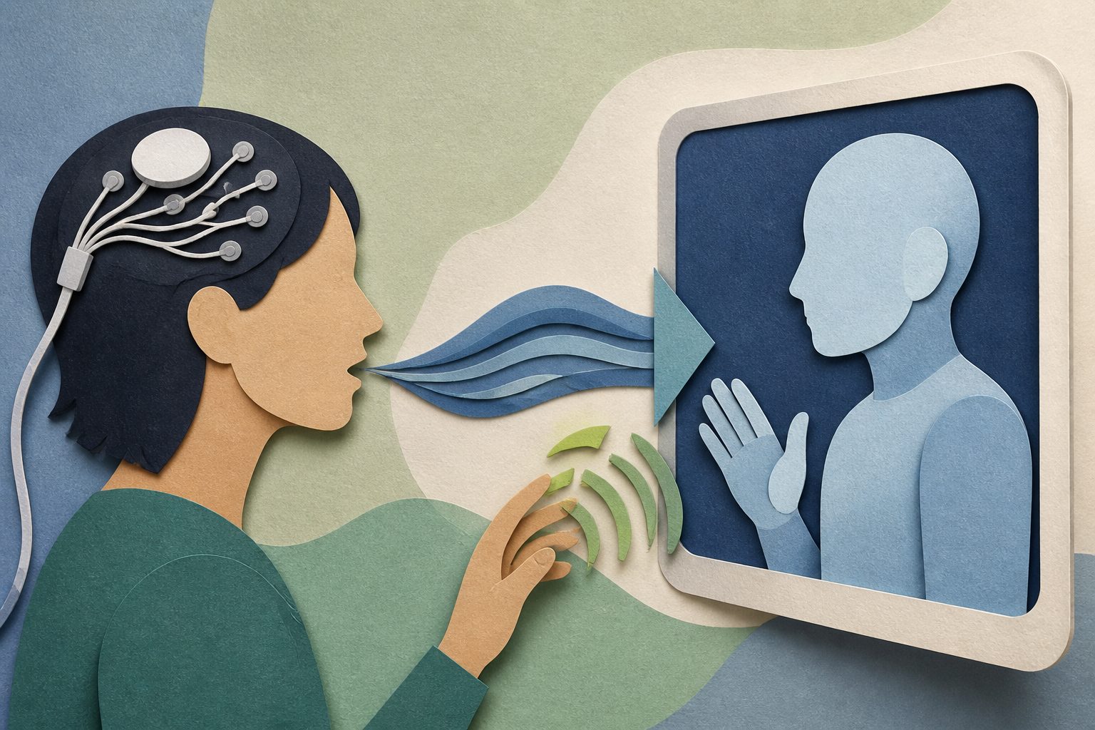 Abstract editorial illustration accompanying the article: A brain implant decoded speech and gestures to control a virtual avatar