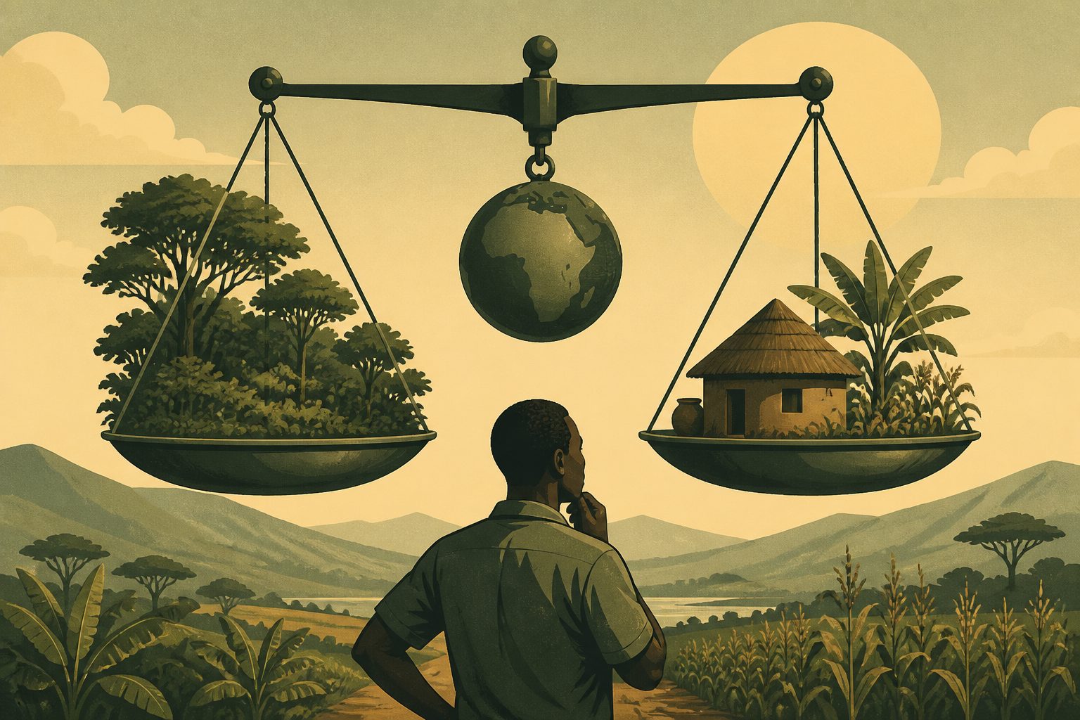 Abstract editorial illustration accompanying the article: Ugandan farmers weighed carbon payments against local risks and livelihoods