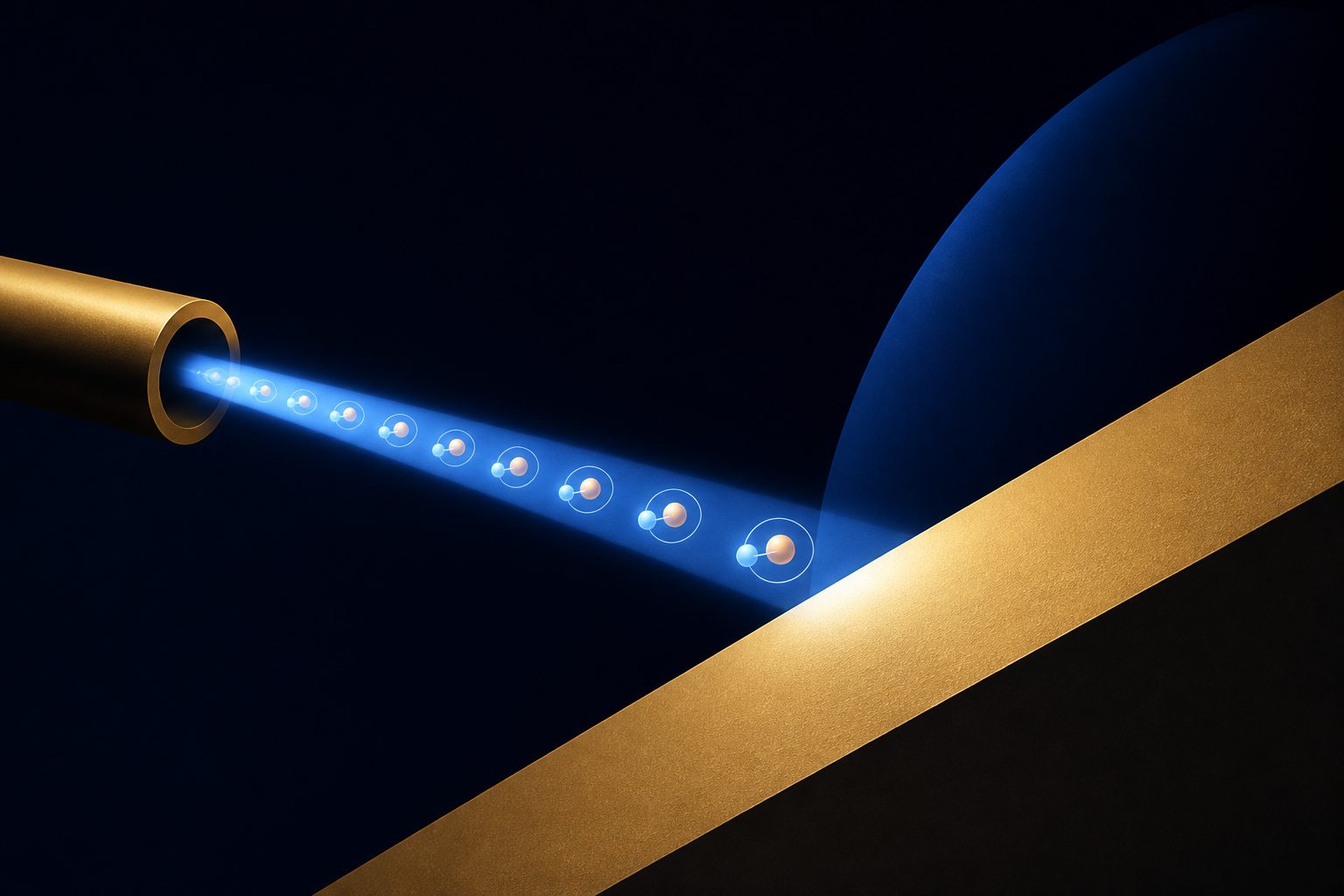 Abstract editorial illustration accompanying the article: A bright beam of muonium could put gravity to a new test
