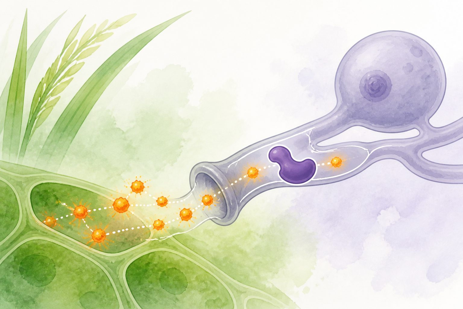 Abstract editorial illustration accompanying the article: A rice blast fungus protein helps it clear plant-generated reactive oxygen