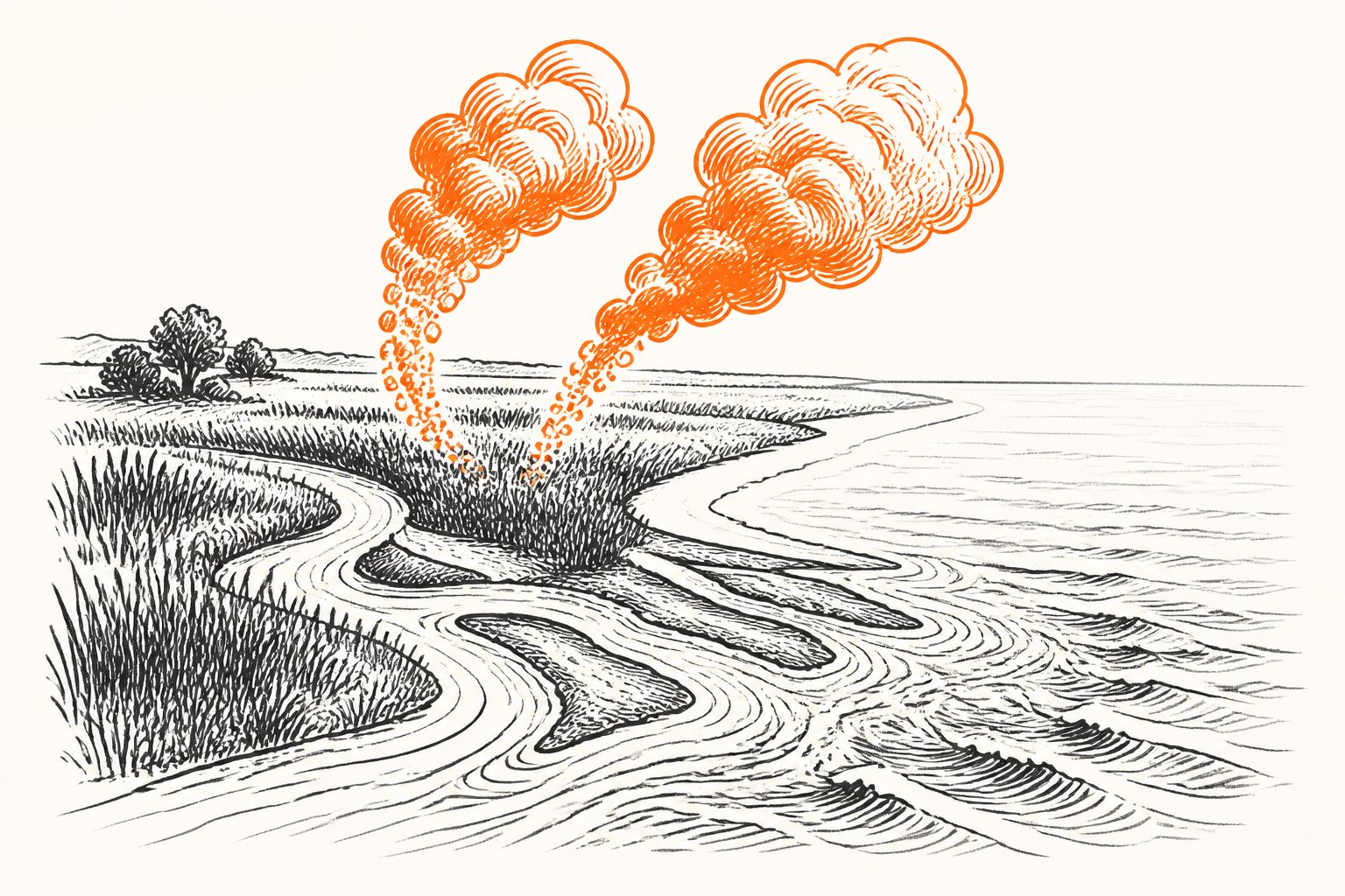 Abstract editorial illustration accompanying the article: Wetlands doubled carbon dioxide emissions near the Danube Delta’s river mouth