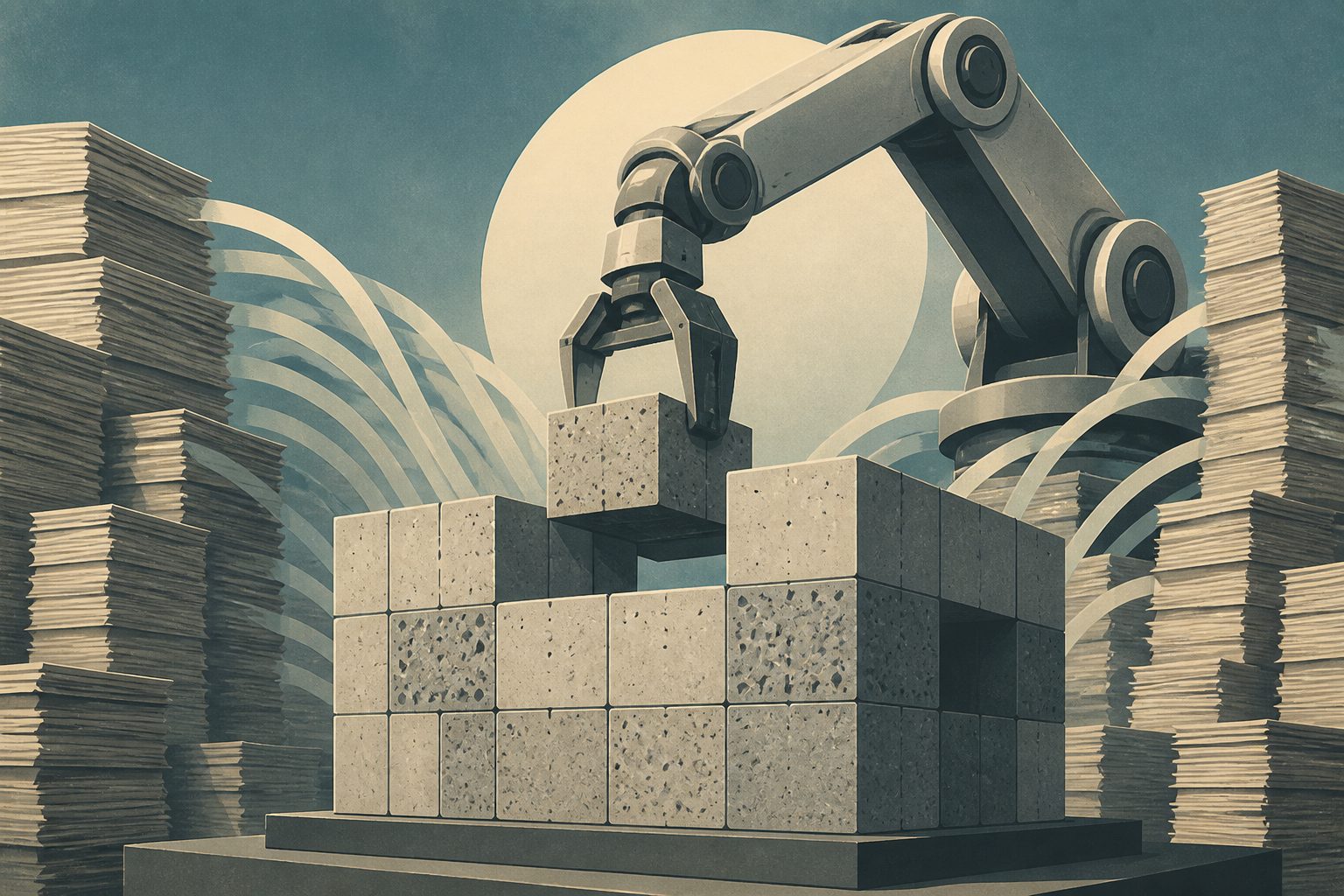 Abstract editorial illustration accompanying the article: An AI system builds an open concrete database from 27,000 papers