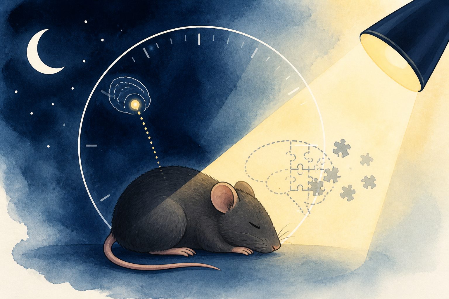 Abstract editorial illustration accompanying the article: Light during mice’s rest period disrupted clocks and long-term memory