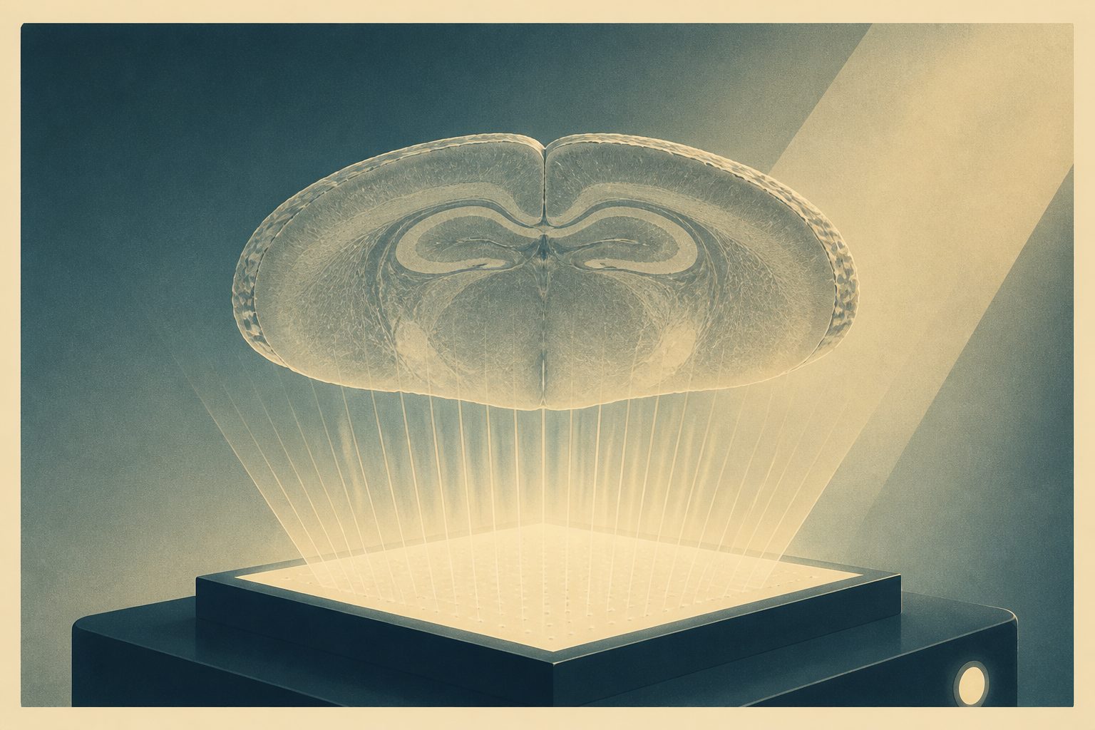 Abstract editorial illustration accompanying the article: A lensless microscope images an entire half-millimeter-thick mouse brain slice