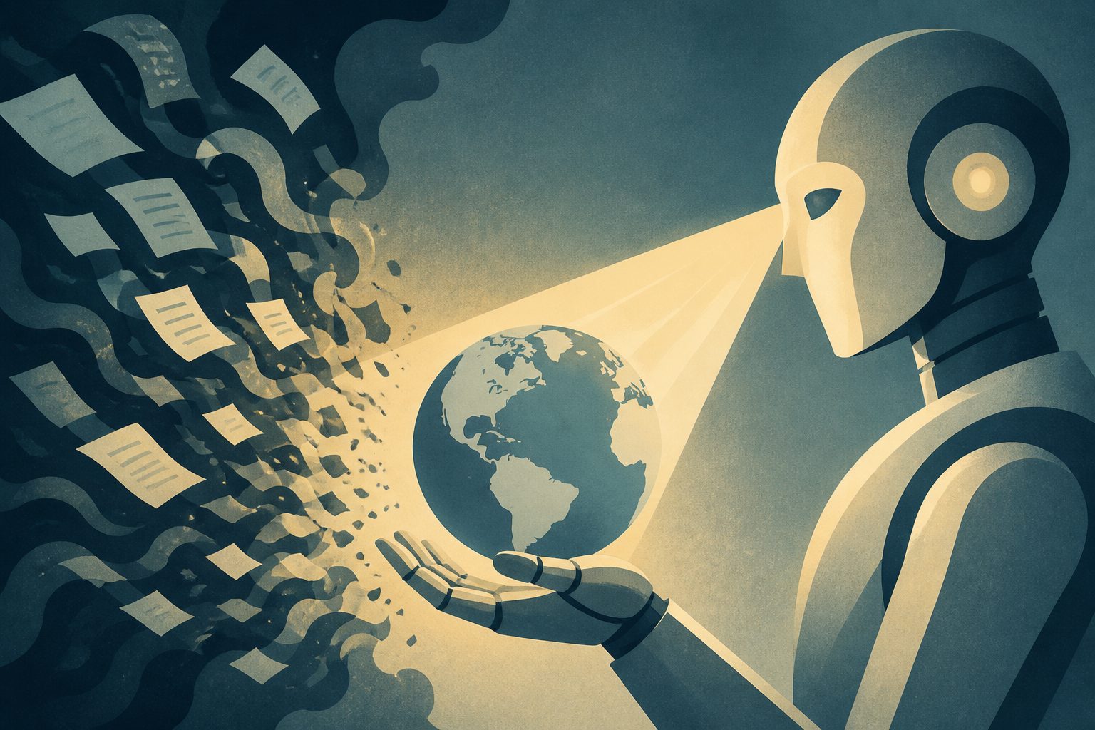 Abstract editorial illustration accompanying the article: Structured AI prompts produced more relevant facts for climate misinformation corrections