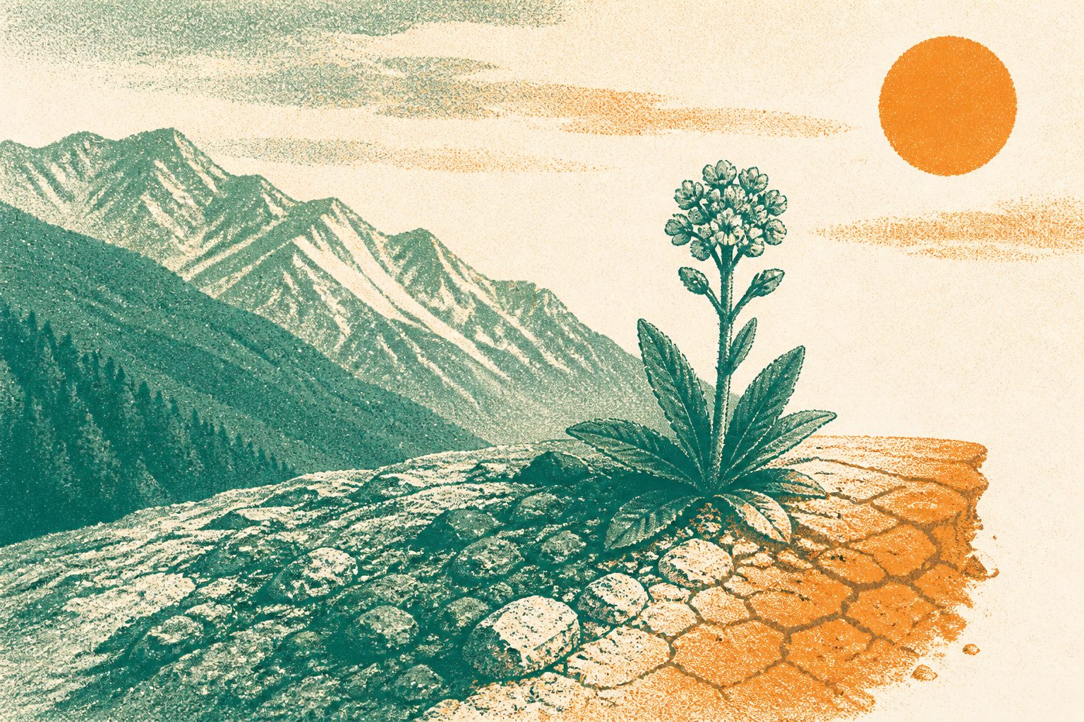 Abstract editorial illustration accompanying the article: A mountain plant adapted quickly to drought—but mainly at its range’s leading edge
