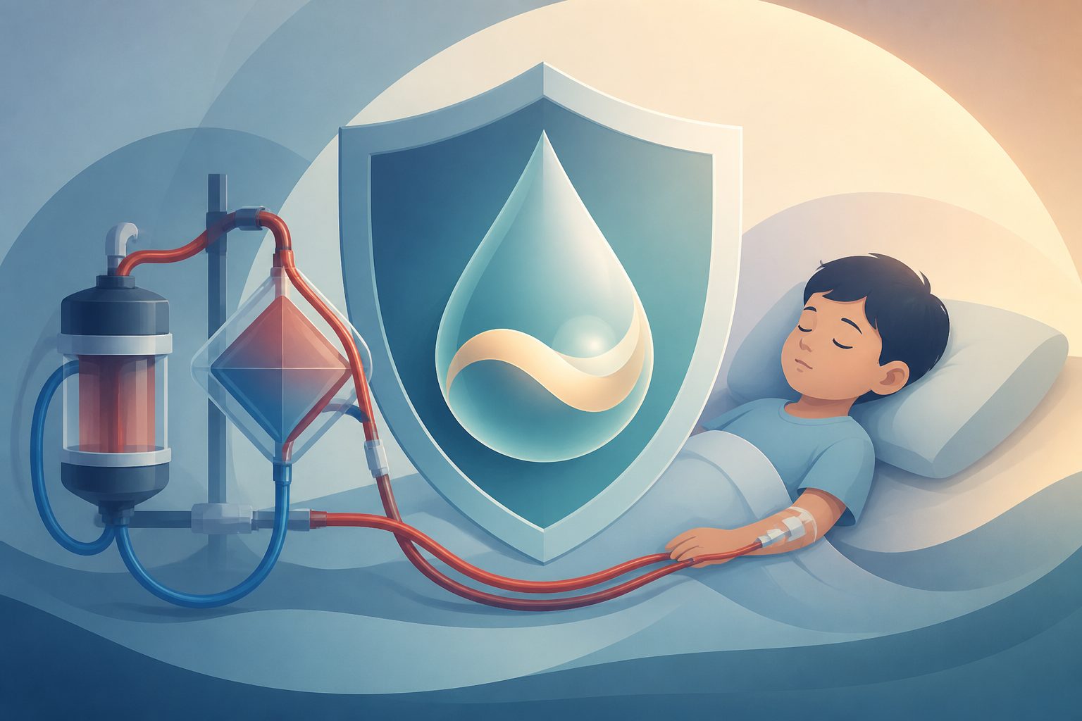 Abstract editorial illustration accompanying the article: Review links bivalirudin with fewer complications in children on ECMO