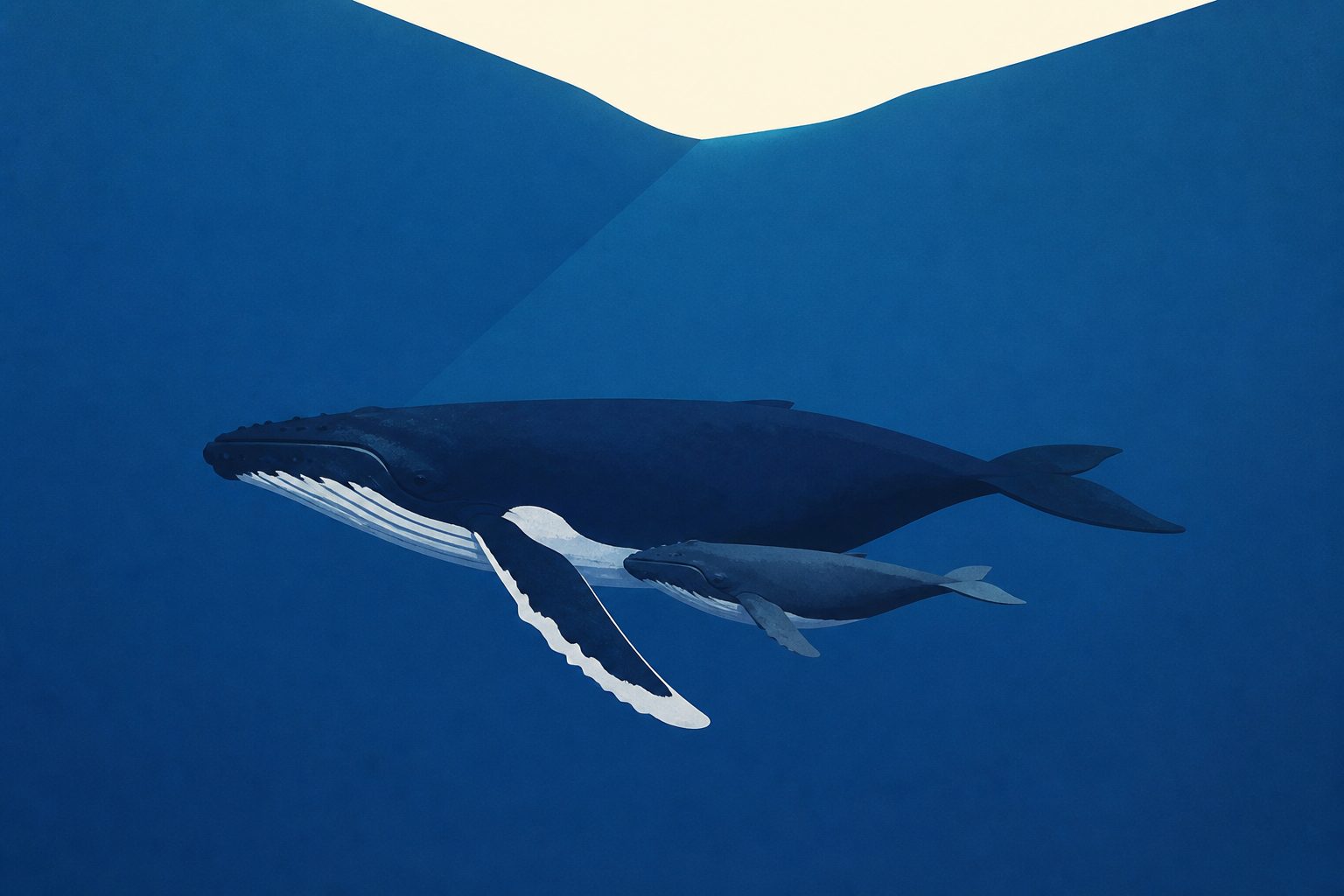 Abstract editorial illustration accompanying the article: Humpback whale documented staying with her stillborn calf for days