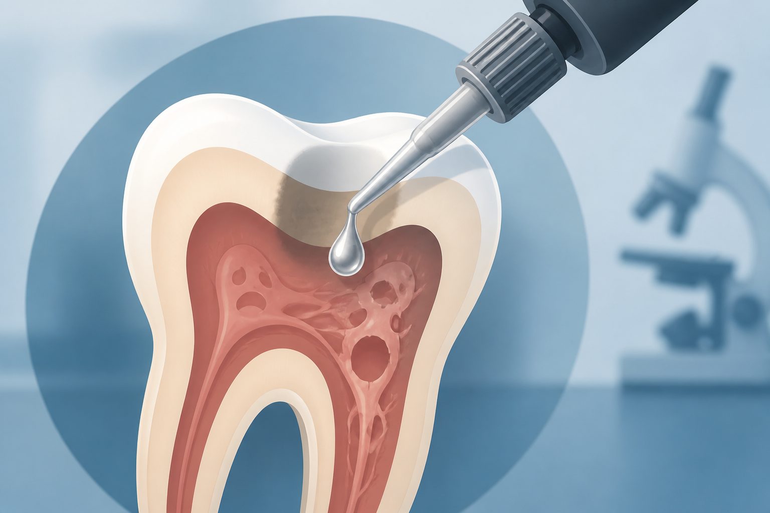 Abstract editorial illustration accompanying the article: New analysis finds silver diamine fluoride can harm dental pulp cells in lab studies