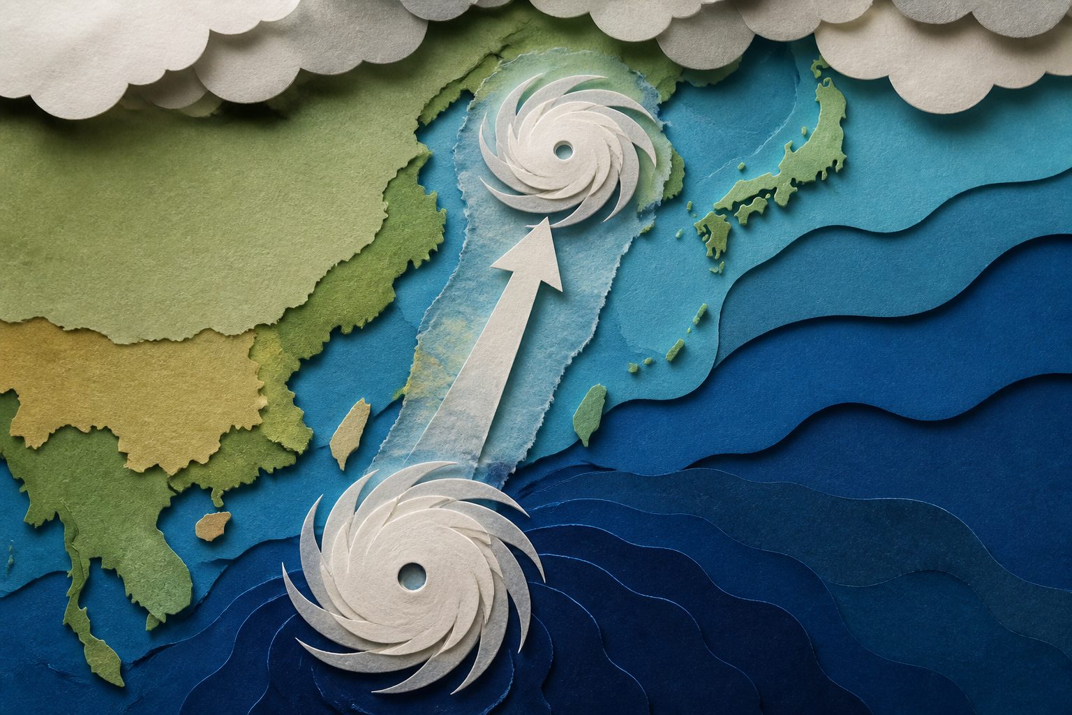Abstract editorial illustration accompanying the article: Tropical cyclone hazards have shifted north along East Asia, study finds