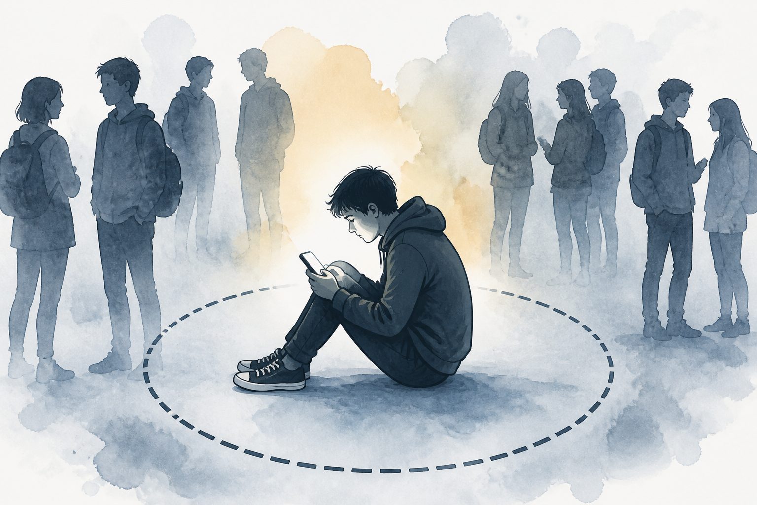 Abstract editorial illustration accompanying the article: Loneliness and exclusion linked to problematic social media use in German youth