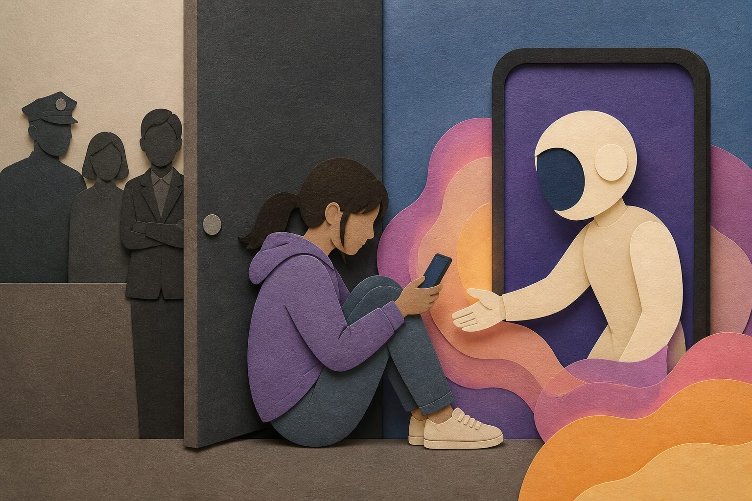 Abstract editorial illustration accompanying the article: Some Australian teens disclosed online sexual victimisation to AI more than authorities