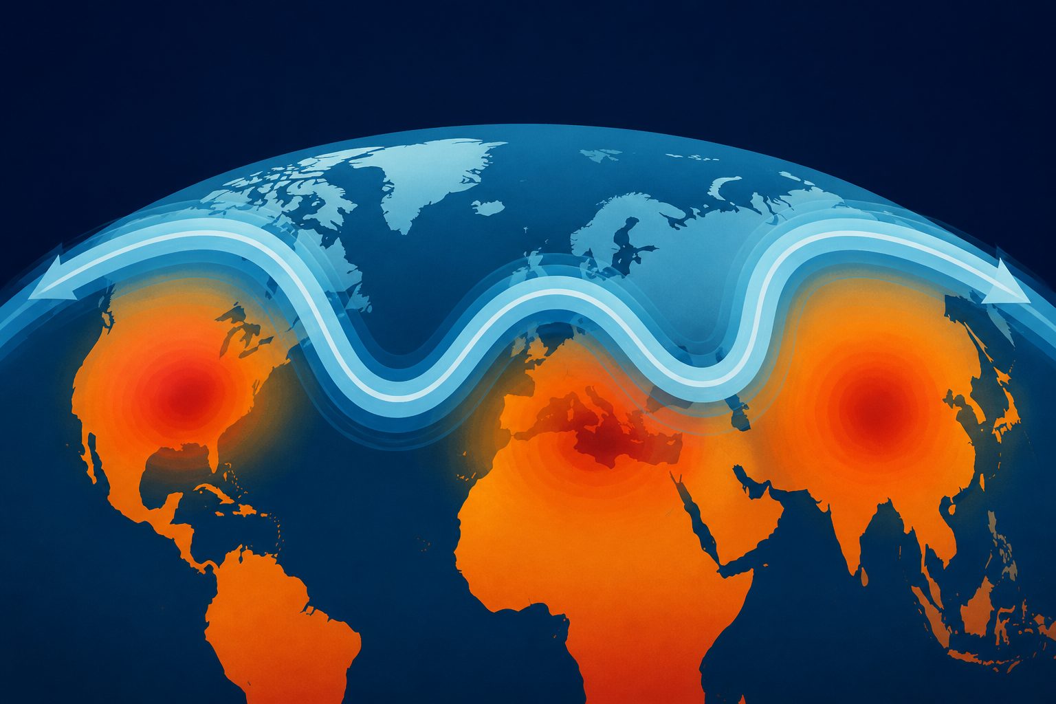 Abstract editorial illustration accompanying the article: A split jet stream is linked to heatwaves across the Northern Hemisphere