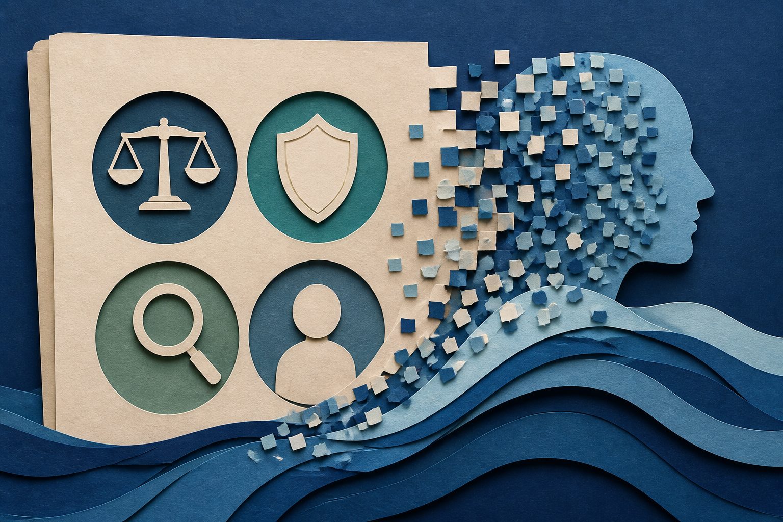 Abstract editorial illustration accompanying the article: AI watermarks in Europe do not yet meet all four legal tests