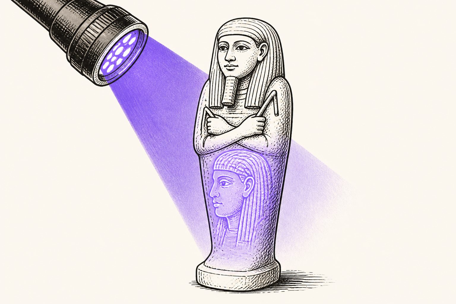 Abstract editorial illustration accompanying the article: Ultraviolet light confirms an ancient Egyptian ushabti was reused for another owner