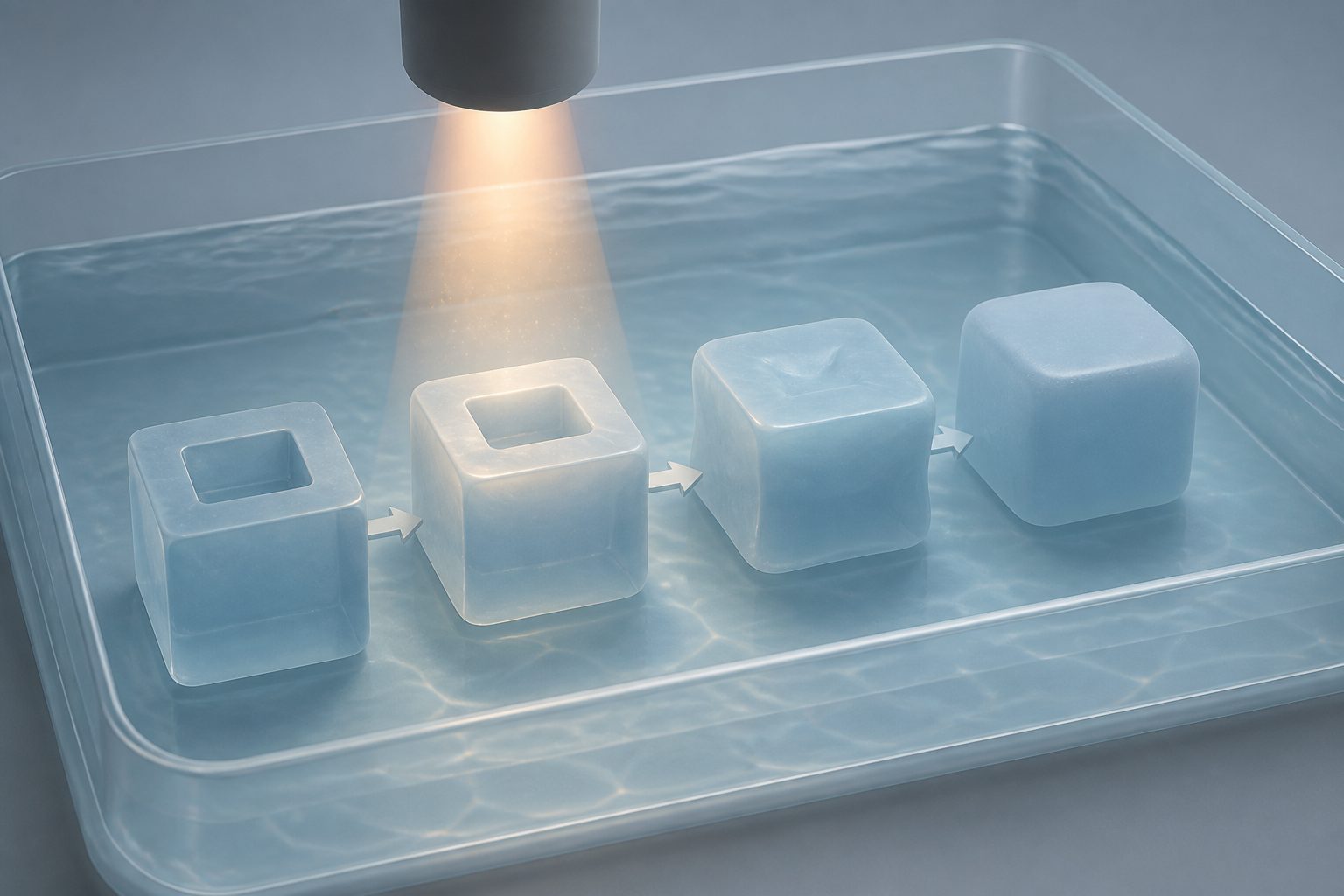Abstract editorial illustration accompanying the article: Light reshapes hydrogel cubes in water and closes tiny wells