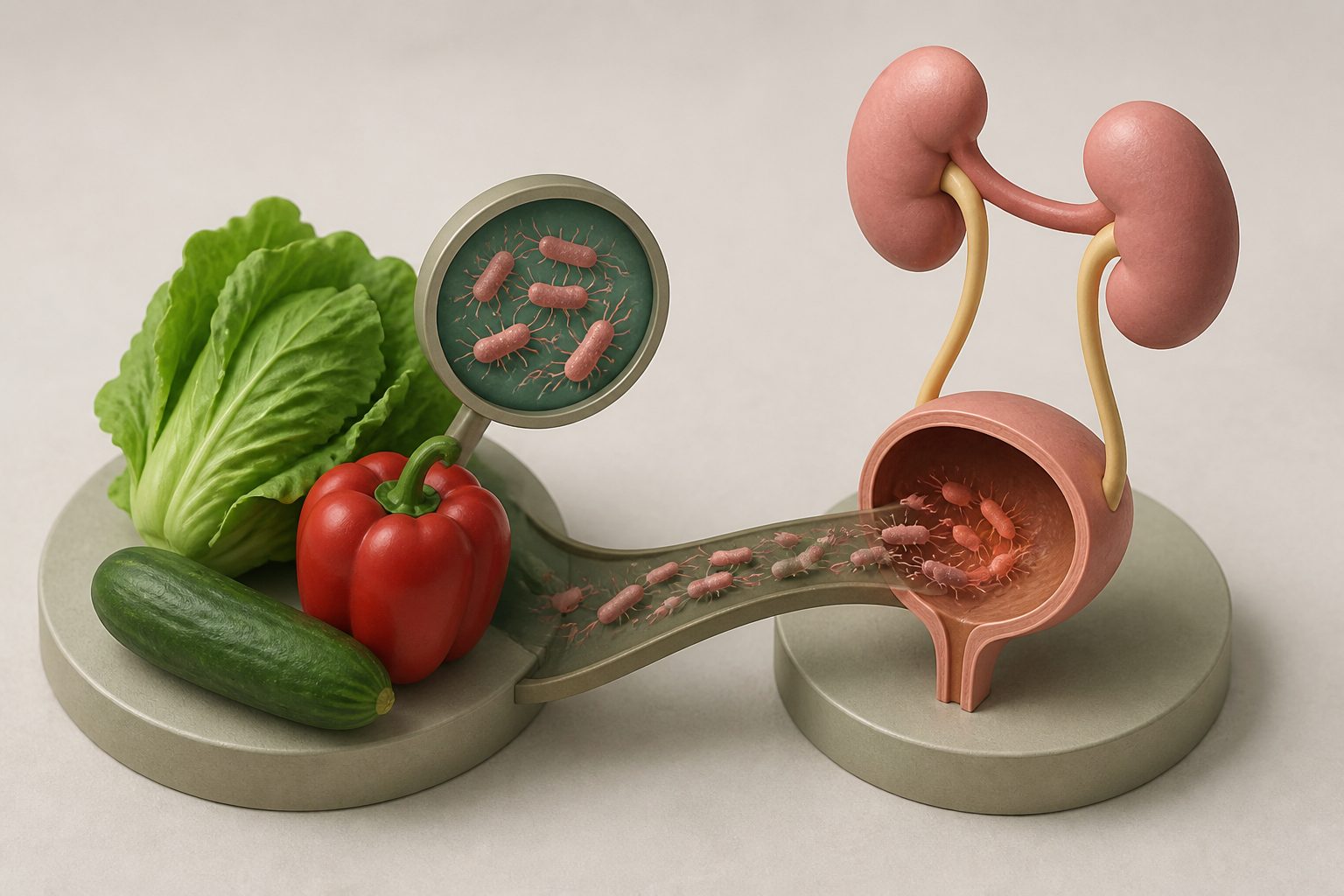 Abstract editorial illustration accompanying the article: Drug-resistant Proteus bacteria on vegetables matched urinary infection strains