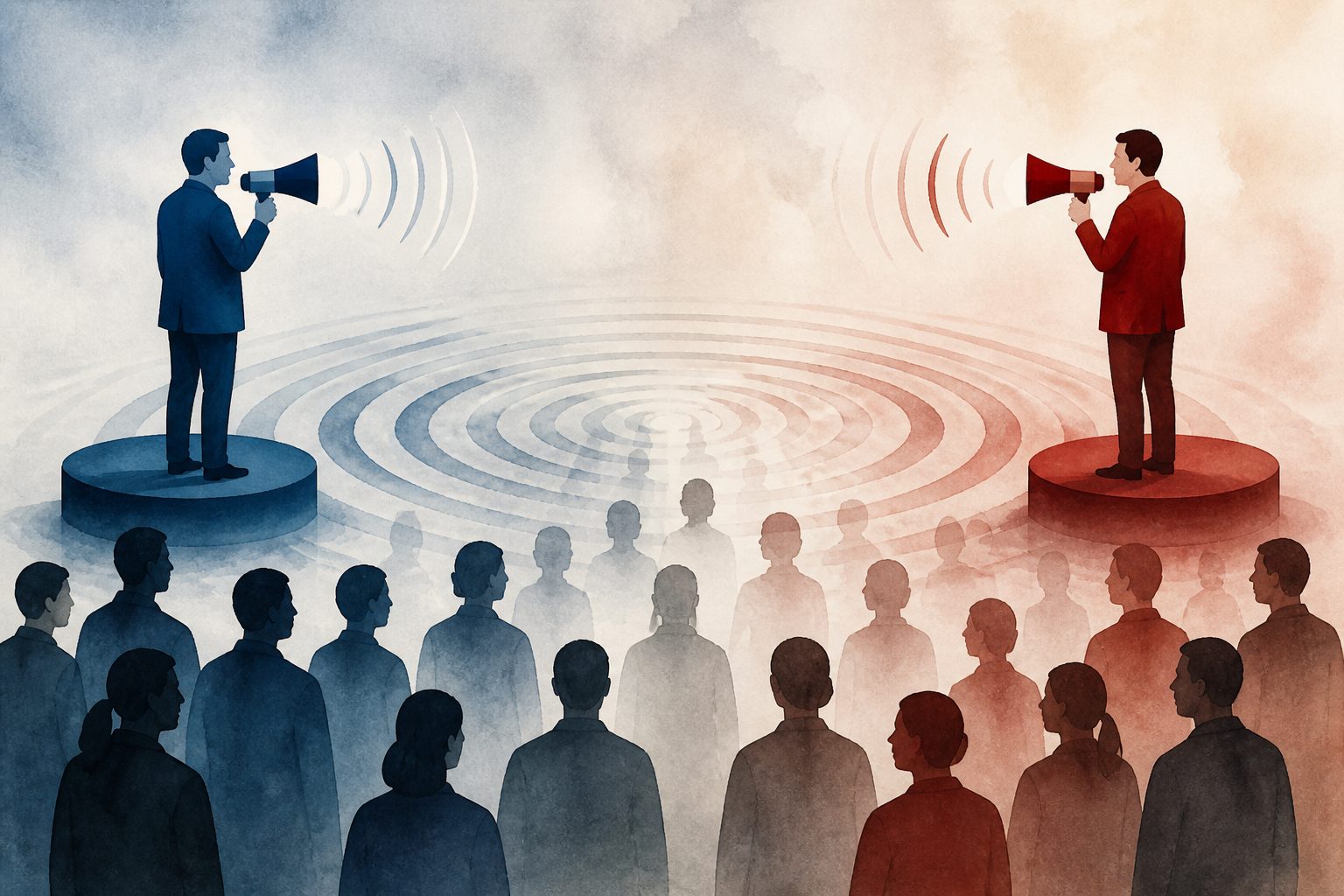 Abstract editorial illustration accompanying the article: When mainstream parties echo the far right, prejudice norms can weaken