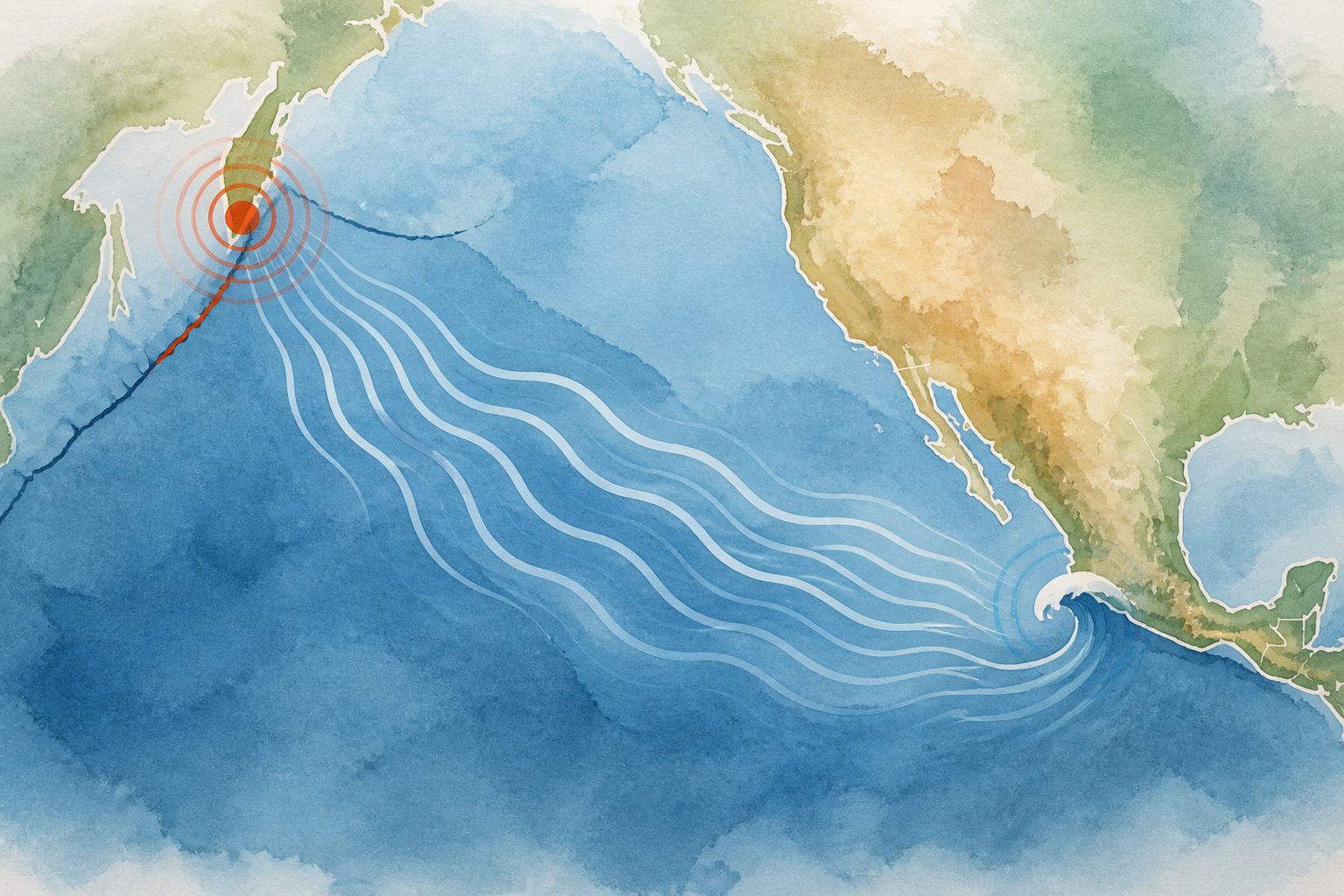 Abstract editorial illustration accompanying the article: Kamchatka earthquake sent a measurable tsunami to Mexico’s Pacific coast